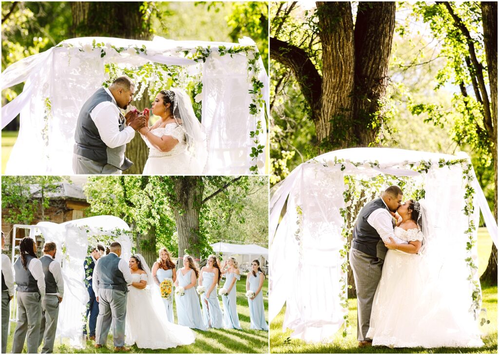 Snohomish Wedding Photographer GSquared Weddings Collage of wedding ceremony images. A couple exchanges vows under a floral arch, accompanied by bridesmaids in blue dresses and groomsmen. The setting is a lush, sunlit outdoor area with trees and greenery. Serving Seattle, Snohomish and Orlando