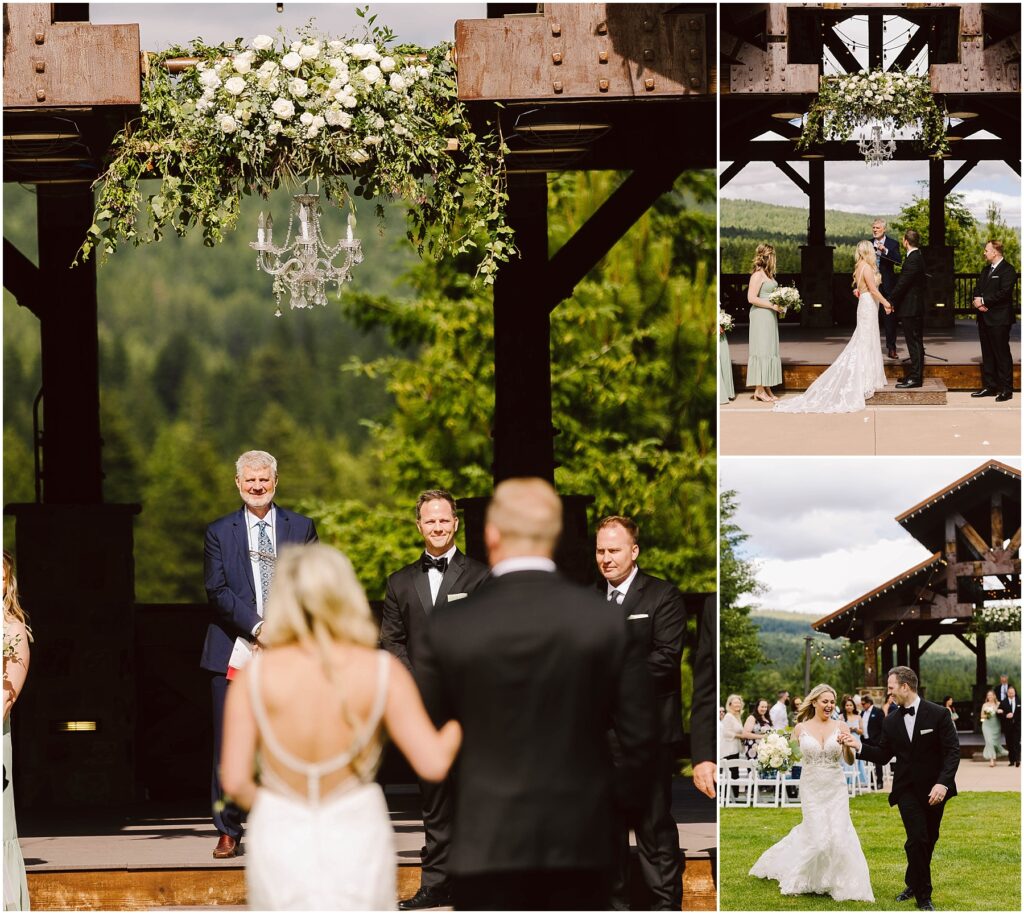 Snohomish Wedding Photographer GSquared Weddings A wedding collage shows a couple at an outdoor ceremony under a chandelier and floral arrangement. The bride in a white gown walks with the groom. Guests are seated outdoors with a backdrop of lush greenery and wooden architecture. Serving Seattle, Snohomish and Orlando