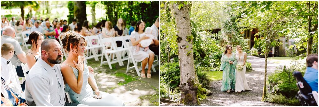 Snohomish Wedding Photographer GSquared Weddings The image shows a wedding ceremony outdoors. On the left, guests are seated, with some looking emotional. On the right, two women in elegant dresses walk down a lush garden path, one holding a bouquet. Serving Seattle, Snohomish and Orlando