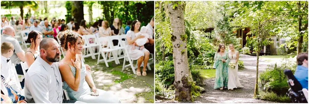 Snohomish Wedding Photographer GSquared Weddings The image shows a wedding ceremony outdoors. On the left, guests are seated, with some looking emotional. On the right, two women in elegant dresses walk down a lush garden path, one holding a bouquet. Serving Seattle, Snohomish and Orlando