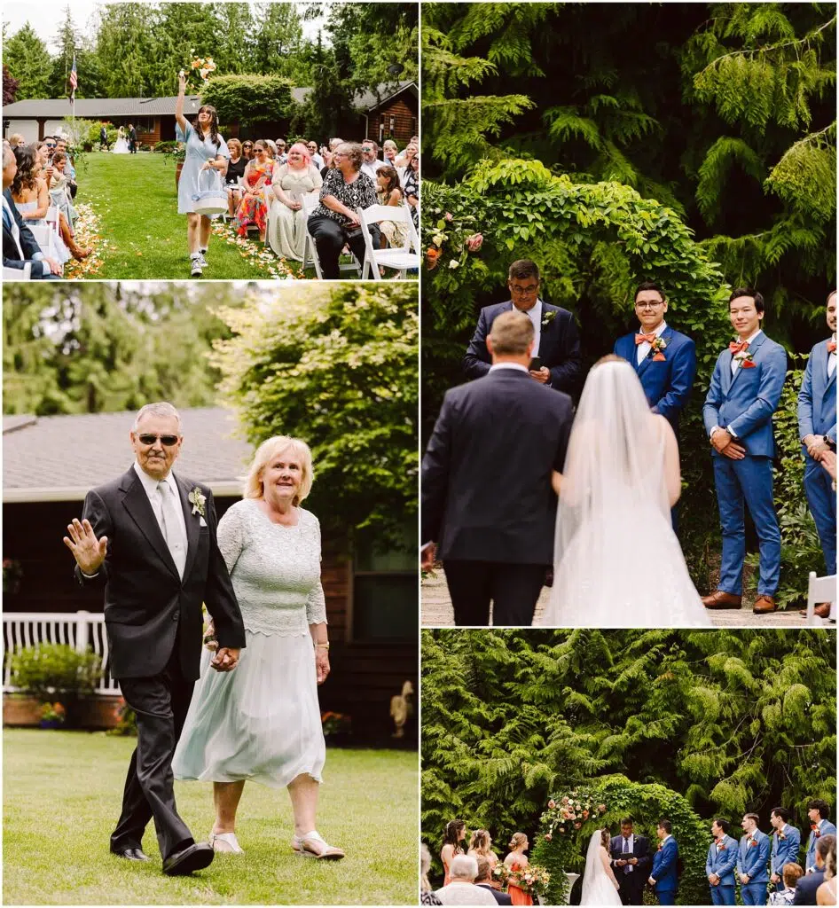 Snohomish Wedding Photographer GSquared Weddings A collage of a wedding ceremony: a person throws a bouquet; a couple walks hand in hand; the groom awaits by the altar with groomsmen; the bride approaches the groom; the ceremony takes place before a lush, green backdrop. Serving Seattle, Snohomish and Orlando