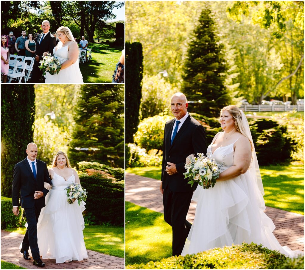 Snohomish Wedding Photographer GSquared Weddings Collage of a bride in a white dress walking down a garden aisle with a man in a suit. She holds a bouquet of white flowers, and guests are seated in the background under sunny skies with lush greenery. Serving Seattle, Snohomish and Orlando