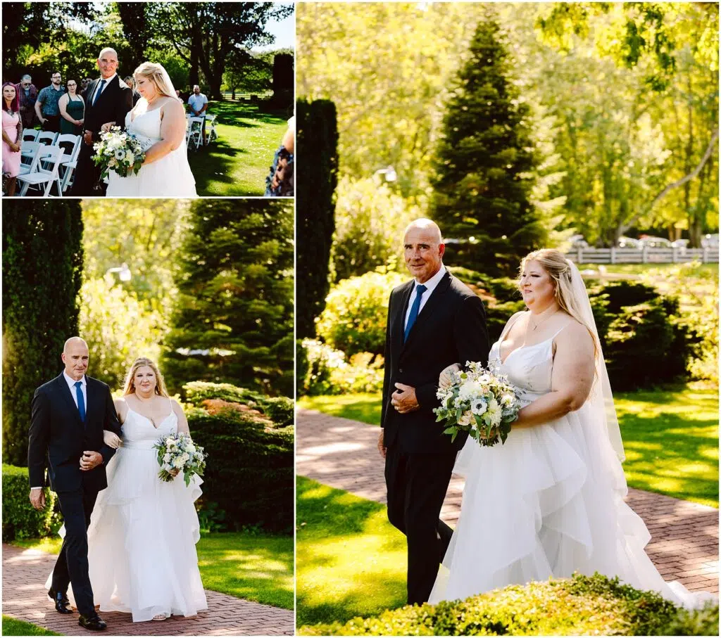 Snohomish Wedding Photographer GSquared Weddings Collage of a bride in a white dress walking down a garden aisle with a man in a suit. She holds a bouquet of white flowers, and guests are seated in the background under sunny skies with lush greenery. Serving Seattle, Snohomish and Orlando