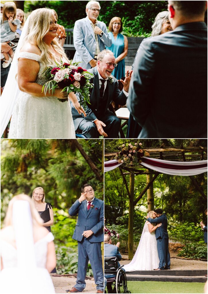Snohomish Wedding Photographer GSquared Weddings A bride in a white gown walks with a bouquet, accompanied by an emotional man in a wheelchair. A man wipes his eye as he watches. In the last panel, the couple embraces under a decorated arch in a lush outdoor setting. Serving Seattle, Snohomish and Orlando