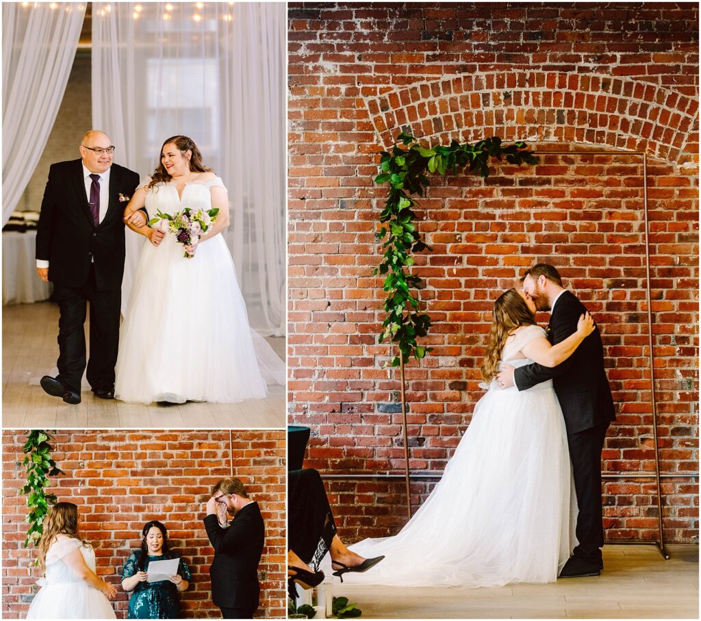 Snohomish Wedding Photographer GSquared Weddings A bride in a white gown and a groom in a black suit have their ceremony against a brick wall adorned with green foliage. They share a kiss. An older man walks the bride, and a woman reads from a paper, standing by the couple. Serving Seattle, Snohomish and Orlando