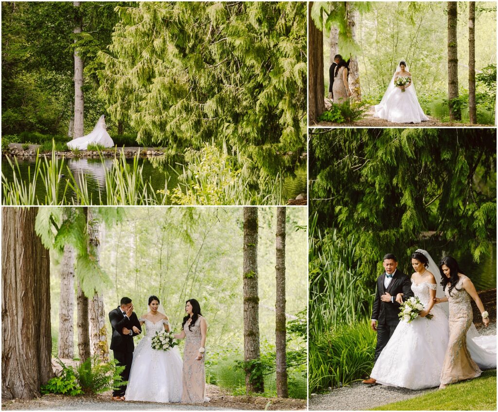 Snohomish Wedding Photographer GSquared Weddings A bride in a white gown walks through a lush green forest with two attendants, holding her bouquet. Another shot shows her posing by a serene pond surrounded by tall trees. The atmosphere is tranquil and picturesque. Serving Seattle, Snohomish and Orlando