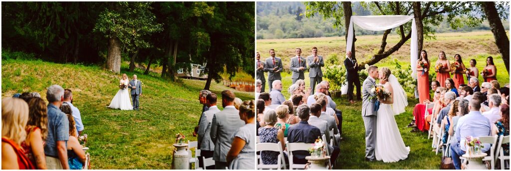 Snohomish Wedding Photographer GSquared Weddings A couple is getting married outdoors. On the left, they walk down a grassy hill. On the right, they share a kiss at the altar with guests seated on white chairs and the wedding party in the background. Serving Seattle, Snohomish and Orlando