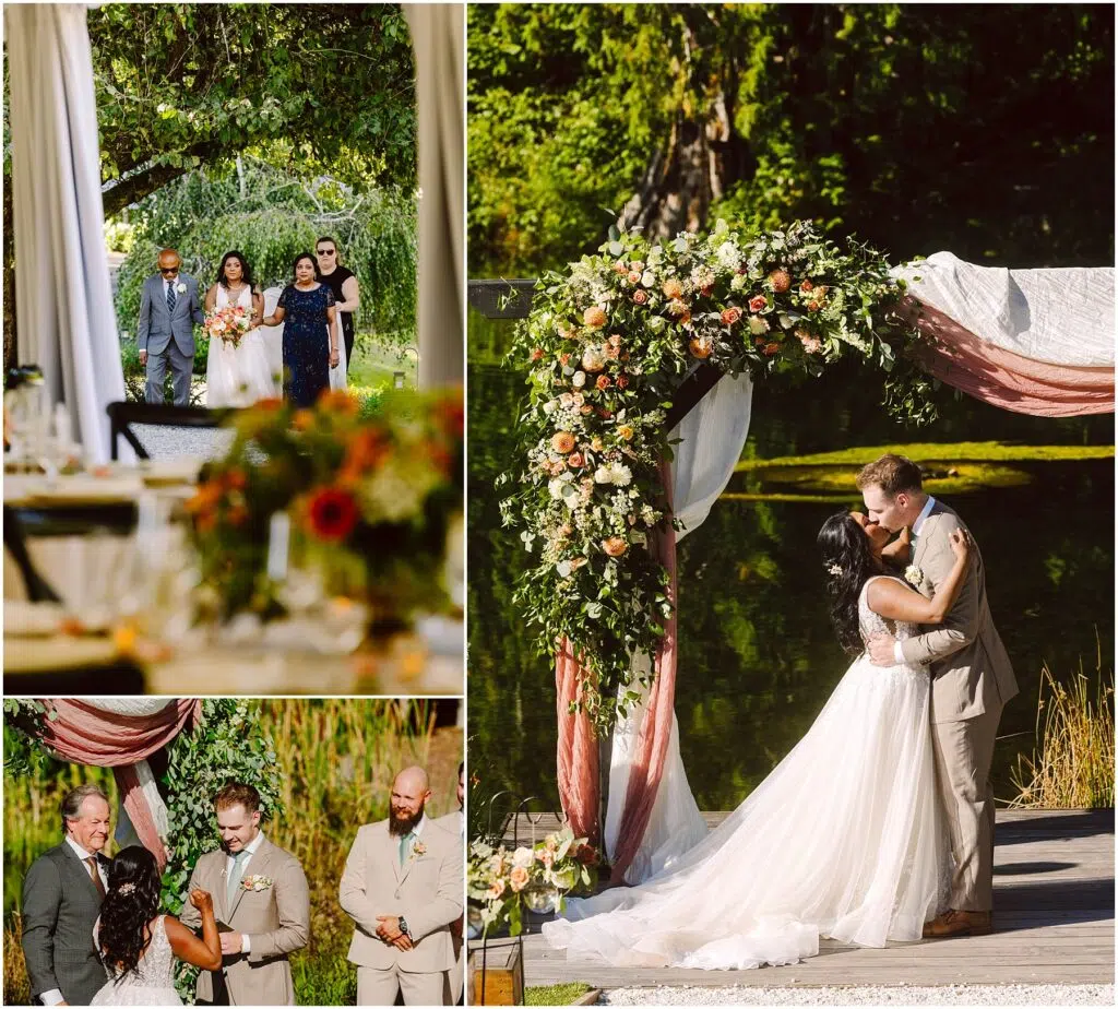 Snohomish Wedding Photographer GSquared Weddings A collage of a wedding ceremony: A couple stands under a floral arch by a lake as they kiss. Another photo shows the bride walking with companions. Inset images capture a reception table and a moment with the officiant and groomsmen. Serving Seattle, Snohomish and Orlando