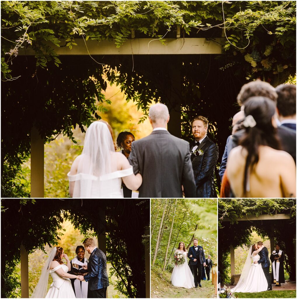 Snohomish Wedding Photographer GSquared Weddings A collage of wedding ceremony photos outdoors. A couple stands under a leafy pergola exchanging vows, accompanied by guests. The bride wears a white dress and veil, and the groom is in a blue suit. The setting is lush and green. Serving Seattle, Snohomish and Orlando