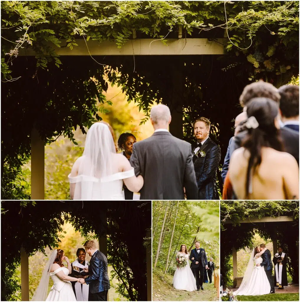 Snohomish Wedding Photographer GSquared Weddings A collage of wedding ceremony photos outdoors. A couple stands under a leafy pergola exchanging vows, accompanied by guests. The bride wears a white dress and veil, and the groom is in a blue suit. The setting is lush and green. Serving Seattle, Snohomish and Orlando