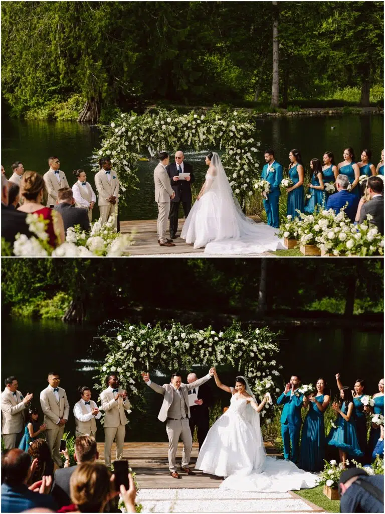 Snohomish Wedding Photographer GSquared Weddings A couple stands at an outdoor wedding ceremony on a wooden dock by a lake, surrounded by lush greenery. The bride in a white gown and the groom in a light suit exchange vows. Bridesmaids in teal dresses and groomsmen in beige suits look on. Serving Seattle, Snohomish and Orlando