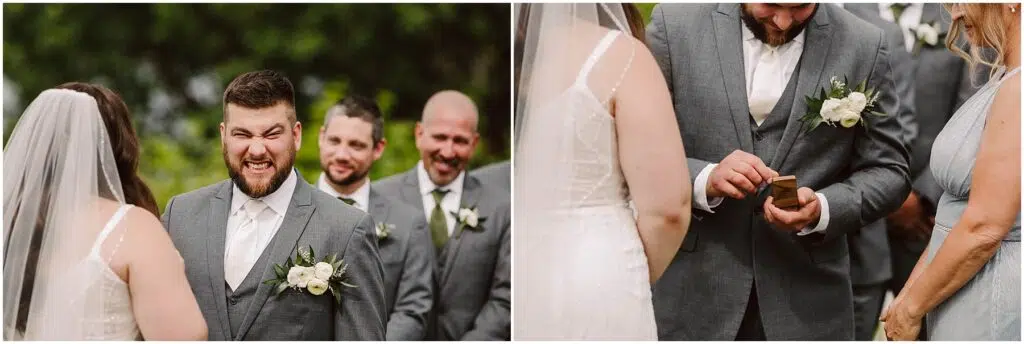 Snohomish Wedding Photographer GSquared Weddings A bride and groom are exchanging vows outdoors. The groom is making a playful face in one image, and in the next, he is holding a ring box. Both are surrounded by smiling groomsmen and a bridesmaid. Serving Seattle, Snohomish and Orlando