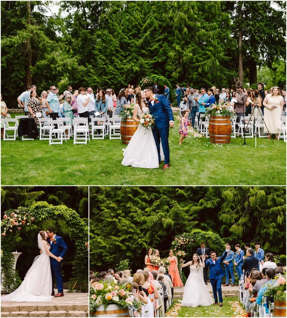 Snohomish Wedding Photographer GSquared Weddings A wedding ceremony in a lush outdoor setting. A couple shares a kiss at an altar adorned with flowers. Guests seated on white chairs watch. The newlyweds walk down the aisle, smiling, surrounded by greenery and vibrant floral decorations. Serving Seattle, Snohomish and Orlando