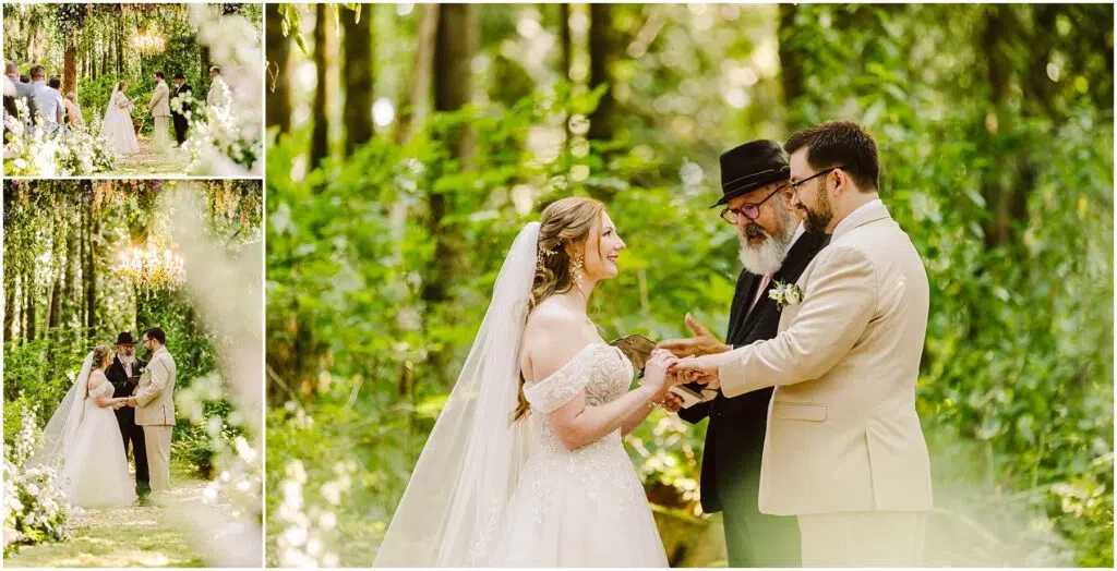 Snohomish Wedding Photographer GSquared Weddings Three wedding photos in a wooded setting. A bride and groom exchange rings and smile, overseen by an officiant in a hat. The bride wears a white dress and veil, and the groom wears a light suit. Trees and greenery surround them. Serving Seattle, Snohomish and Orlando