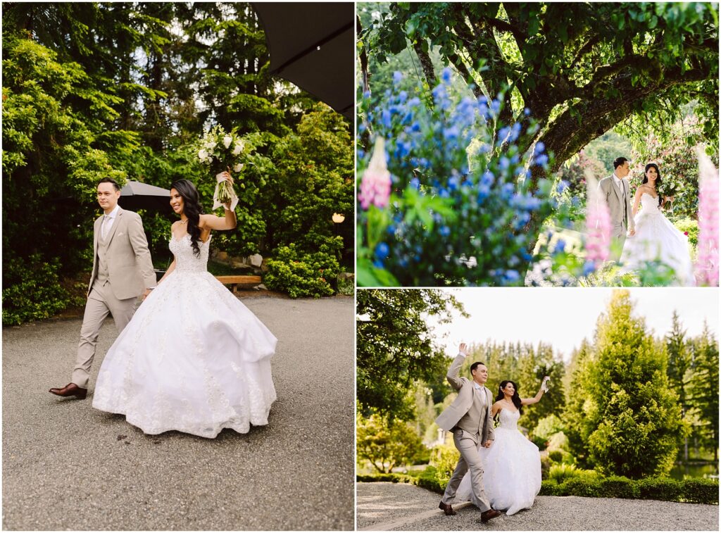 Snohomish Wedding Photographer GSquared Weddings Collage of a couple on their wedding day in a lush garden. They walk hand-in-hand on a path, with trees and colorful flowers around. The bride wears a white gown, and the groom is in a beige suit. They appear joyful and are dancing in one of the photos. Serving Seattle, Snohomish and Orlando