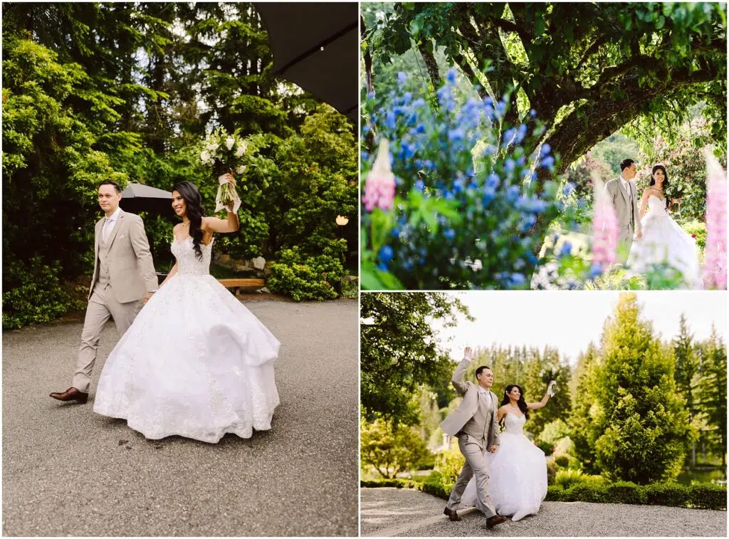 Snohomish Wedding Photographer GSquared Weddings Collage of a couple on their wedding day in a lush garden. They walk hand-in-hand on a path, with trees and colorful flowers around. The bride wears a white gown, and the groom is in a beige suit. They appear joyful and are dancing in one of the photos. Serving Seattle, Snohomish and Orlando