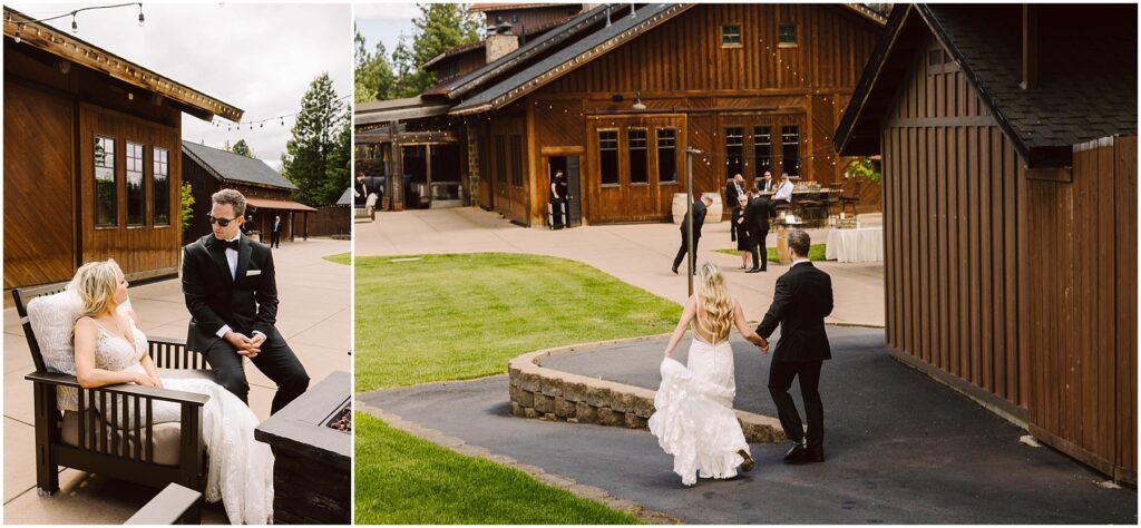 Snohomish Wedding Photographer GSquared Weddings A bride in a white gown and a groom in a black tuxedo are sitting together outdoors on the left. On the right, they are walking hand in hand toward a wooden building in a spacious area with grass and a paved path. Serving Seattle, Snohomish and Orlando