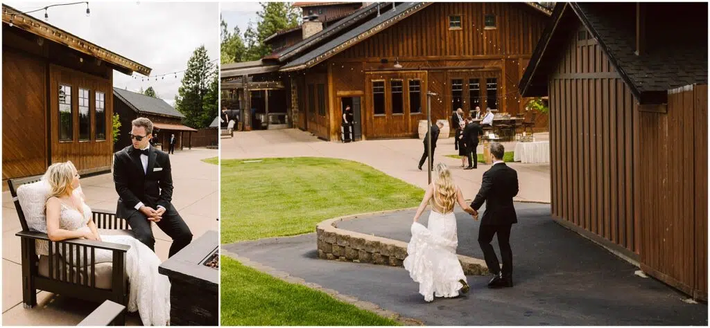Snohomish Wedding Photographer GSquared Weddings A bride in a white gown and a groom in a black tuxedo are sitting together outdoors on the left. On the right, they are walking hand in hand toward a wooden building in a spacious area with grass and a paved path. Serving Seattle, Snohomish and Orlando
