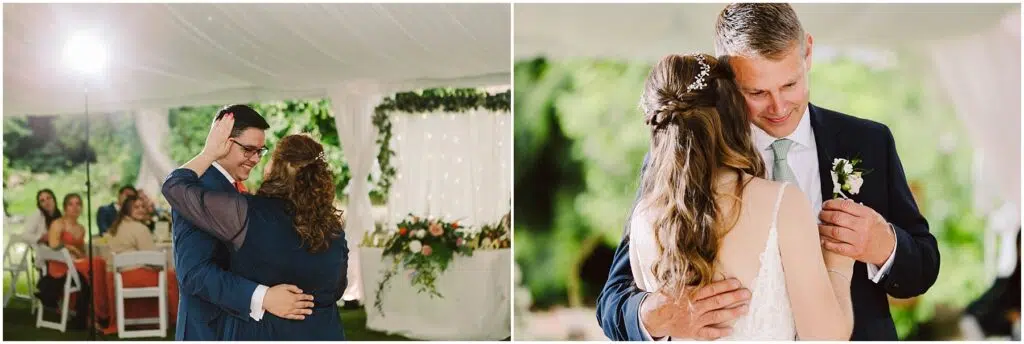 Snohomish Wedding Photographer GSquared Weddings Left: A woman with curly hair in a navy dress dances with a man in glasses and a blue suit under a white tent. Others watch from chairs. Right: A man in a blue suit embraces a woman in a white dress, outdoors. Both scenes depict joyous moments. Serving Seattle, Snohomish and Orlando