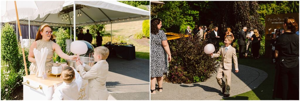 Snohomish Wedding Photographer GSquared Weddings A woman oversees a cotton candy machine as a child in a light suit receives a cotton candy. In the background, guests mingle outdoors under a tent. Another child walks with cotton candy in the sunlit lawn area. Serving Seattle, Snohomish and Orlando