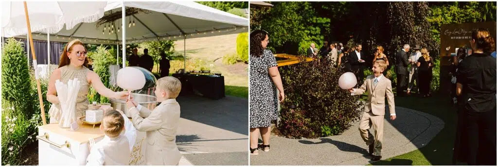 Snohomish Wedding Photographer GSquared Weddings A woman oversees a cotton candy machine as a child in a light suit receives a cotton candy. In the background, guests mingle outdoors under a tent. Another child walks with cotton candy in the sunlit lawn area. Serving Seattle, Snohomish and Orlando