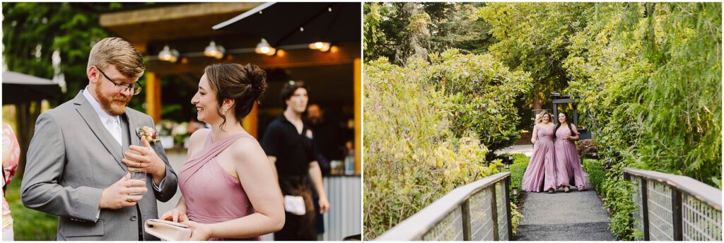 Snohomish Wedding Photographer GSquared Weddings Two images. Left: A man in a gray suit with glasses and a woman in a pink dress converse outdoors. Right: Two women in pink dresses walk together on a garden path lined with greenery. Serving Seattle, Snohomish and Orlando