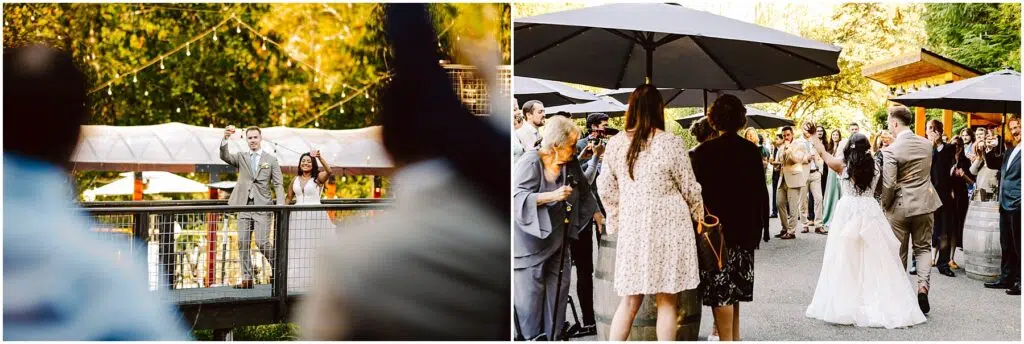 Snohomish Wedding Photographer GSquared Weddings Left image: A couple, possibly newlyweds, on a bridge with lit string lights. Right image: Bride and groom walk through a crowd outdoors under umbrellas, greeted with smiles. Serving Seattle, Snohomish and Orlando