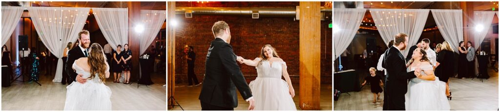 Snohomish Wedding Photographer GSquared Weddings Three images show a bride and groom dancing at a wedding reception. They dance together under soft, warm lighting on a polished wooden floor, surrounded by guests and white draped decor. Serving Seattle, Snohomish and Orlando
