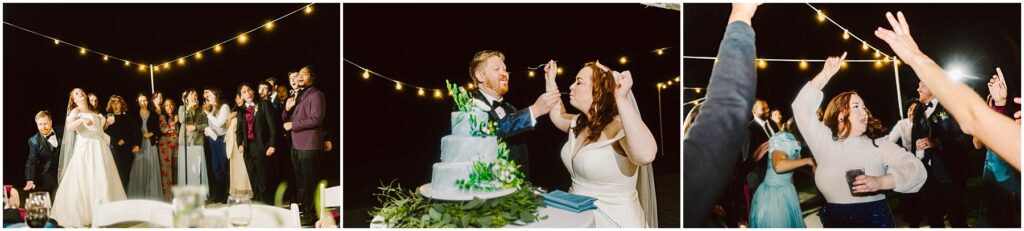 Snohomish Wedding Photographer GSquared Weddings Three photos of a wedding reception. Left: A group of people watching. Center: Couple smiling as they cut a tiered cake adorned with flowers. Right: Woman and others dancing, hands raised, under string lights. Serving Seattle, Snohomish and Orlando