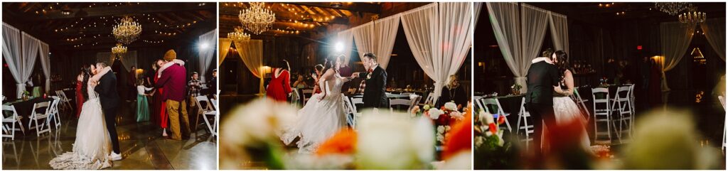 Snohomish Wedding Photographer GSquared Weddings A series of three images capturing a wedding reception. The bride and groom share a dance in a warmly lit venue with chandeliers and draped curtains. Guests are visible in the background, and floral decorations are in the foreground. Serving Seattle, Snohomish and Orlando