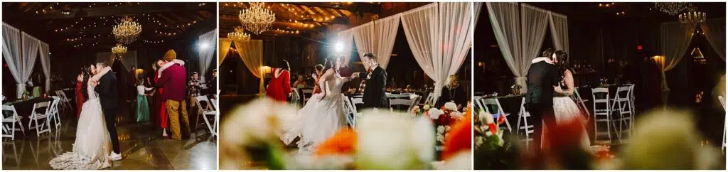 Snohomish Wedding Photographer GSquared Weddings A series of three images capturing a wedding reception. The bride and groom share a dance in a warmly lit venue with chandeliers and draped curtains. Guests are visible in the background, and floral decorations are in the foreground. Serving Seattle, Snohomish and Orlando