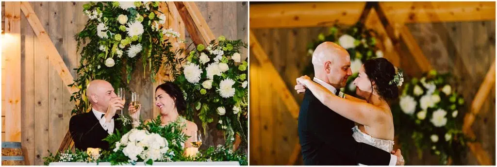 Snohomish Wedding Photographer GSquared Weddings A bride and groom are celebrating their wedding. In the first image, they toast at a decorated table with white flowers. In the second image, they embrace each other lovingly in front of a floral backdrop. Serving Seattle, Snohomish and Orlando