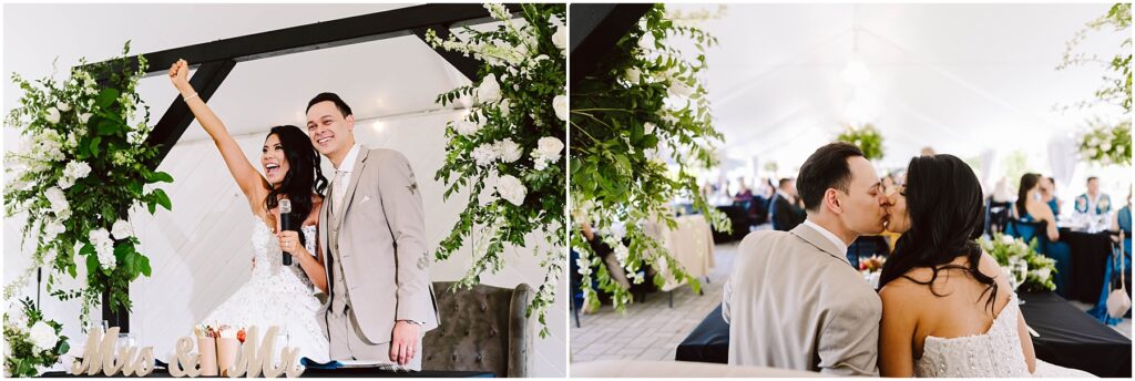 Snohomish Wedding Photographer GSquared Weddings A bride and groom celebrate under a floral arch. The bride raises her arm enthusiastically, holding a microphone. In the next photo, they share a kiss at a table with green and white floral decorations. Guests are visible in the background. Serving Seattle, Snohomish and Orlando