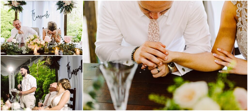 Snohomish Wedding Photographer GSquared Weddings A collage of a wedding reception features a couple sharing an emotional moment, a man giving a speech with guests smiling, and the couple holding hands at a table adorned with flowers and candles. Serving Seattle, Snohomish and Orlando