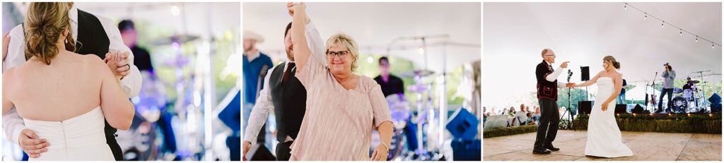 Snohomish Wedding Photographer GSquared Weddings A collage of three images shows a wedding celebration. Left: a couple dancing. Center: a smiling woman raising her hand. Right: a bride and groom dancing under a tent with a band playing in the background. Serving Seattle, Snohomish and Orlando