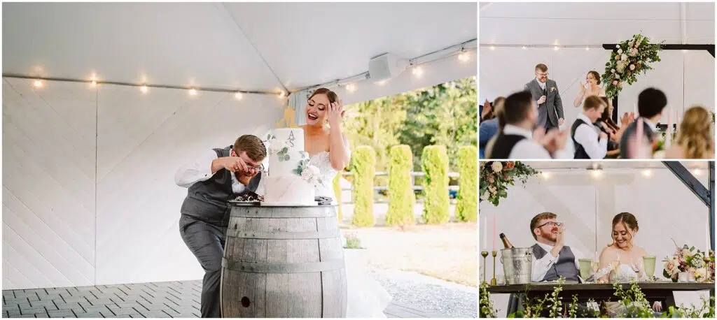Snohomish Wedding Photographer GSquared Weddings A bride and groom in a white tent. Left: Groom leans into the cake as the bride laughs. Top right: Couple celebrates. Bottom right: Couple sitting at a table, smiling. Decorations include flowers and lights. Serving Seattle, Snohomish and Orlando