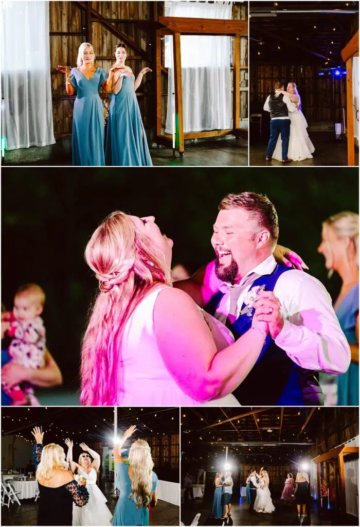 Snohomish Wedding Photographer GSquared Weddings A collage of wedding photos: Bridesmaids in blue dresses pose playfully. The bride and groom joyfully dance under lights. Guests, including a person holding a baby, celebrate on the dance floor in a rustic, warmly lit venue. Serving Seattle, Snohomish and Orlando