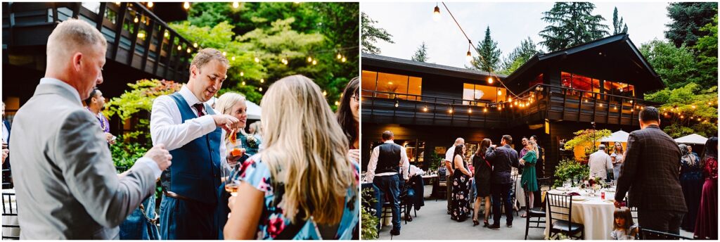 Snohomish Wedding Photographer GSquared Weddings Guests enjoying an outdoor wedding reception at dusk, with string lights illuminating the area. People are mingling and holding drinks, while a large wooden house and lush greenery provide a picturesque backdrop. Serving Seattle, Snohomish and Orlando