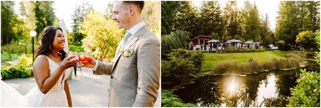 Snohomish Wedding Photographer GSquared Weddings A bride and groom smile while holding drinks in a sunny garden. Nearby, a pond reflects trees, and guests sit under umbrellas at a reception area overlooking the water. Serving Seattle, Snohomish and Orlando