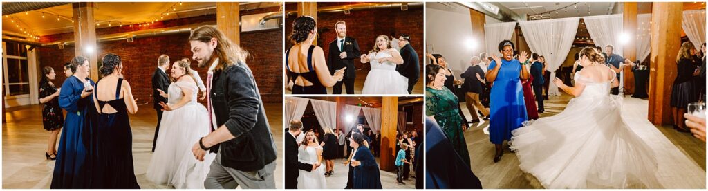 Snohomish Wedding Photographer GSquared Weddings A lively wedding dance floor with guests in elegant attire. The bride in a white gown twirls and dances with others, surrounded by soft lighting and rustic decor. Smiles and laughter fill the atmosphere. Serving Seattle, Snohomish and Orlando