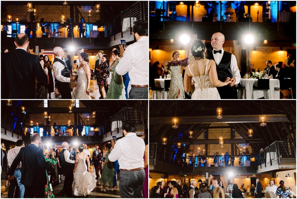 Snohomish Wedding Photographer GSquared Weddings A collage of wedding reception scenes with a bride and groom dancing and guests celebrating. The venue has warm lighting, exposed beams, and elegant decor. People are dressed in formal attire, and the atmosphere is joyful and festive. Serving Seattle, Snohomish and Orlando