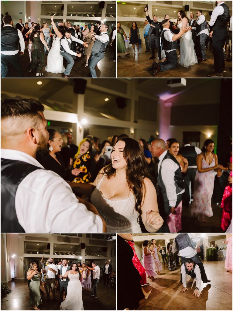 Snohomish Wedding Photographer GSquared Weddings A lively wedding reception with guests dancing energetically. The bride and groom are on the dance floor surrounded by friends and family. Some are clapping while others dance and laugh. The atmosphere is joyful and celebratory. Serving Seattle, Snohomish and Orlando