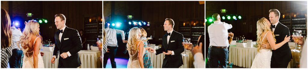 Snohomish Wedding Photographer GSquared Weddings Three images show a couple dancing at a wedding reception. The man is wearing a dark suit, and the woman is in a white dress. They are surrounded by colorful lights and guests in the background. Serving Seattle, Snohomish and Orlando