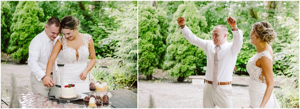 Snohomish Wedding Photographer GSquared Weddings A couple in wedding attire cuts a small white cake outdoors, surrounded by greenery. The groom cheers joyfully while the bride smiles. They both wear formal white outfits. Serving Seattle, Snohomish and Orlando