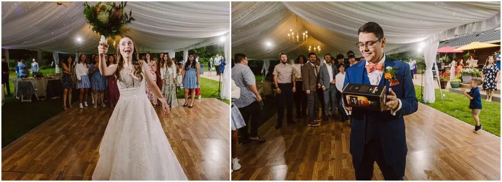 Snohomish Wedding Photographer GSquared Weddings Bride tossing bouquet towards women on left; groom holding gift box with a smile on right, under a white tent with guests in the background. Serving Seattle, Snohomish and Orlando