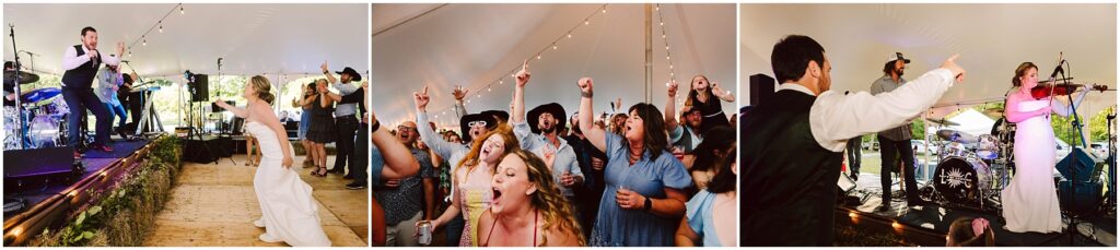 Snohomish Wedding Photographer GSquared Weddings A bride and groom celebrate on stage with a live band at a lively wedding reception under a tent. The groom dances and sings with the band, while guests enthusiastically cheer and dance. The bride plays the violin alongside the musicians. Serving Seattle, Snohomish and Orlando