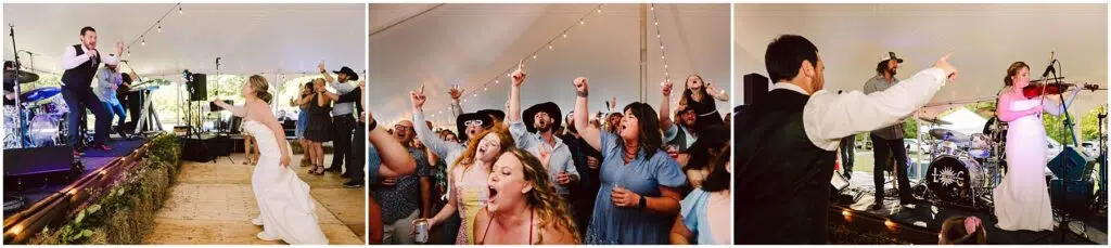 Snohomish Wedding Photographer GSquared Weddings A bride and groom celebrate on stage with a live band at a lively wedding reception under a tent. The groom dances and sings with the band, while guests enthusiastically cheer and dance. The bride plays the violin alongside the musicians. Serving Seattle, Snohomish and Orlando