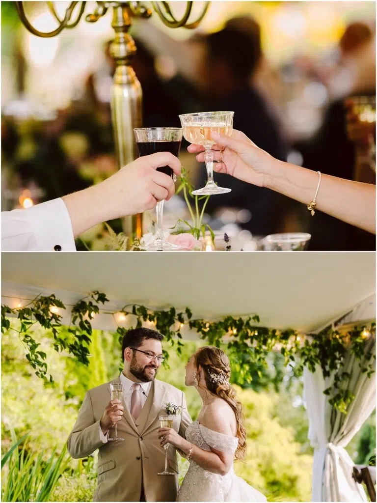 Snohomish Wedding Photographer GSquared Weddings Two-panel image: Top shows a close-up of two people clinking a champagne flute and a wine glass. Bottom shows a couple smiling and holding drinks, dressed in wedding attire, standing under greenery and lights. Serving Seattle, Snohomish and Orlando