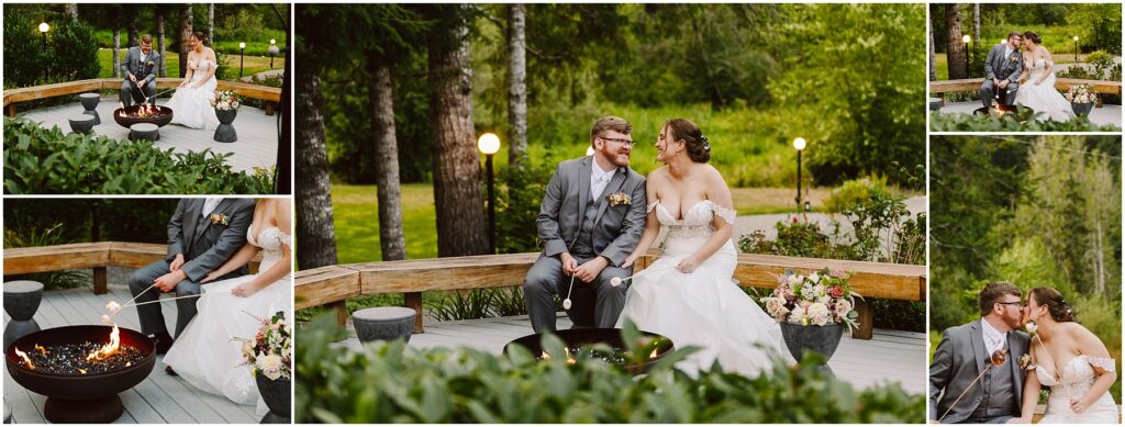 Snohomish Wedding Photographer GSquared Weddings Collage of a couple sitting by a firepit on a wooden deck surrounded by greenery. They are dressed in formal wedding attire. The images capture moments of laughter, conversation, and roasting marshmallows. Serving Seattle, Snohomish and Orlando