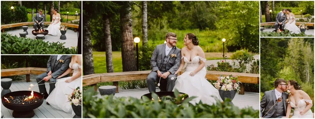 Snohomish Wedding Photographer GSquared Weddings Collage of a couple sitting by a firepit on a wooden deck surrounded by greenery. They are dressed in formal wedding attire. The images capture moments of laughter, conversation, and roasting marshmallows. Serving Seattle, Snohomish and Orlando